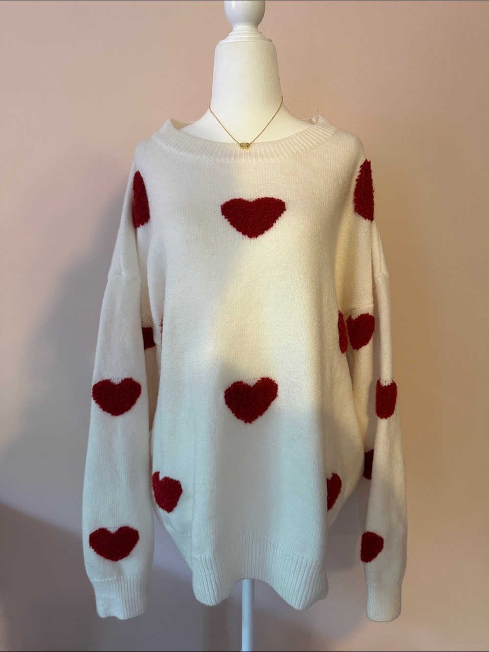 White Sweater with Red Heart Motif